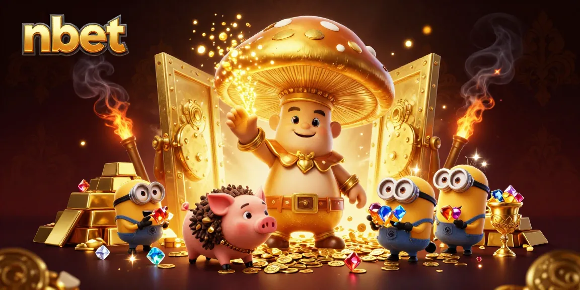 Experience nbet's golden treasures with a mushroom wizard, pig, and jewels in a dynamic casino scene