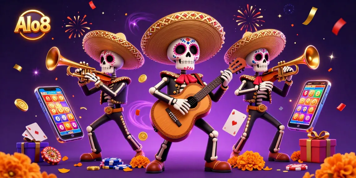 Alo8 casino band performs with vibrant energy, showcasing colorful slot games and festive elements.