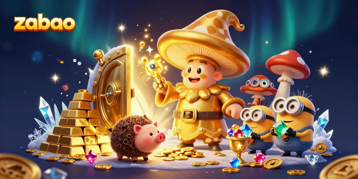 zaobao reels spinning wild with golden wizard, treasure and gemstones galore in magical illustration