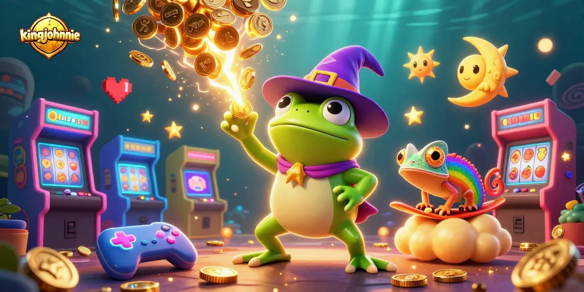 Experience the thrill of kingjohnnie's casino wins with a vibrant 3D illustration featuring a wizard frog and colorful gaming elements.