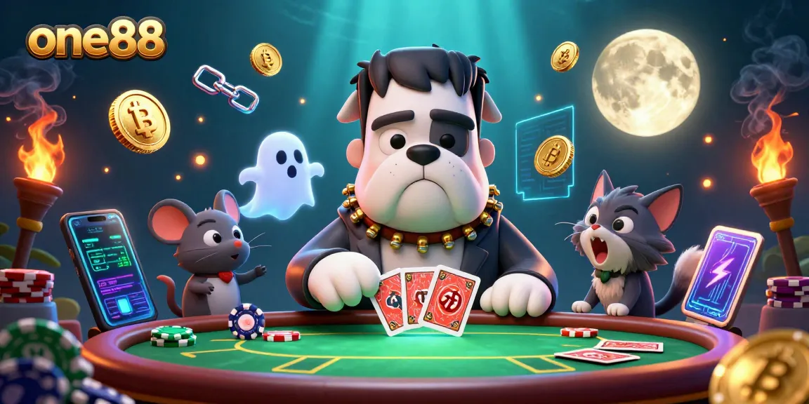 Experience the thrilling action at one88 with a Frankenstein bulldog dealing cards and crypto elements.