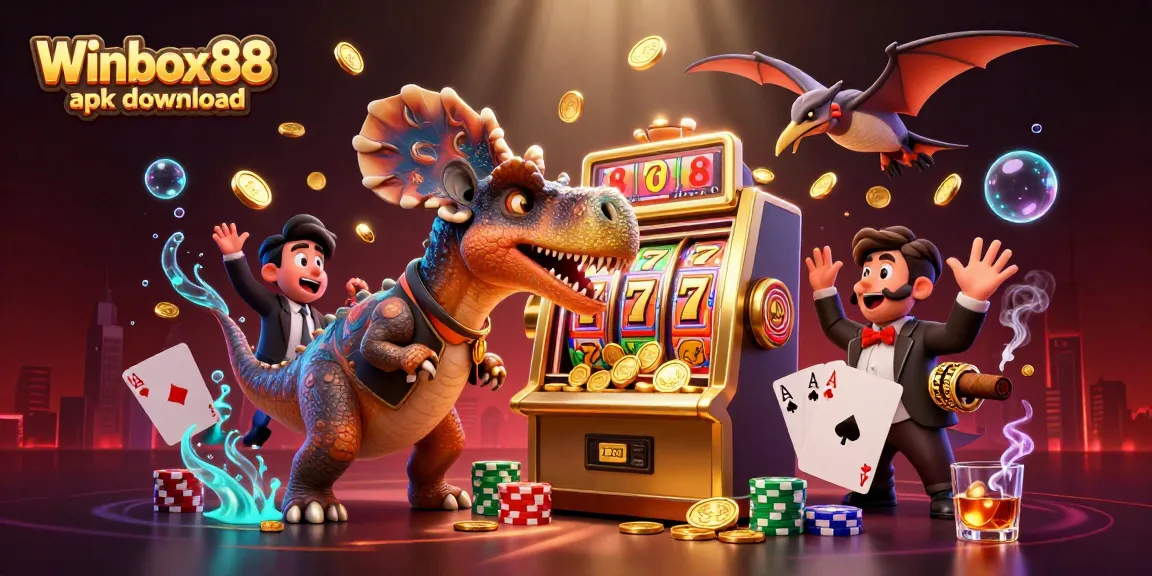 Winbox88 apk download showcases a colorful 3D scene with a dinosaur interacting with a golden slot machine amidst flying coins.