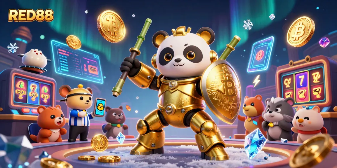 Engage with RED88's 3D casino scene featuring a golden panda in robotic combat