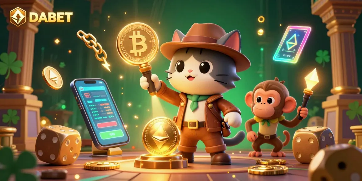 DABET captures a thrilling scene of a cat archaeologist discovering a casino artifact amidst Bitcoin and Ethereum coins