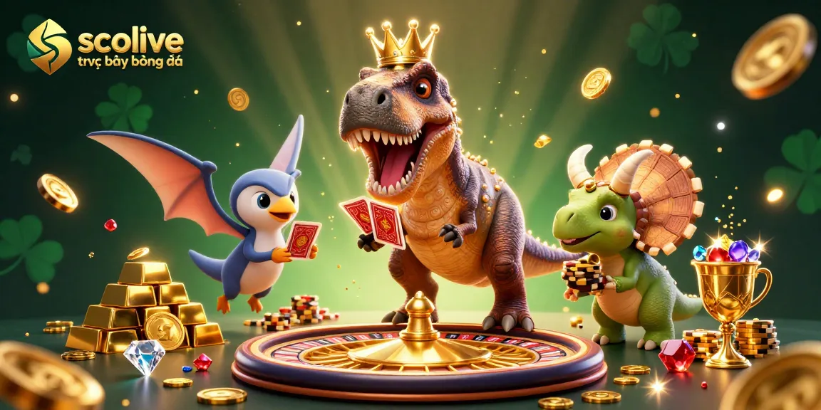 Socolive trực tiếp bóng đá showcases a dynamic 3D illustration of a T-Rex playing cards, a pterodactyl assisting, and a triceratops stacking chips amidst a vibrant casino scene.