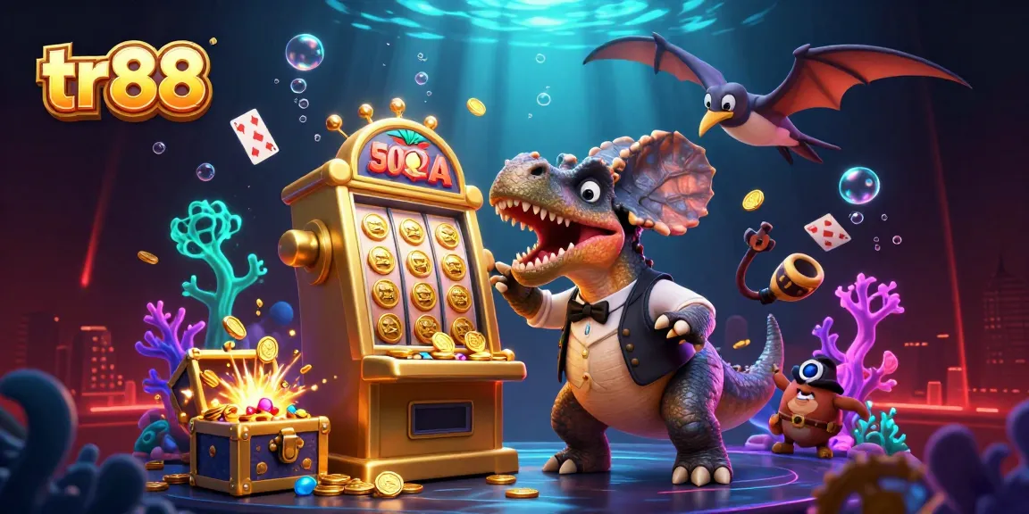 tr88 jackpot moment with pachycephalosaurus and shimmering coins in a lively casino scene