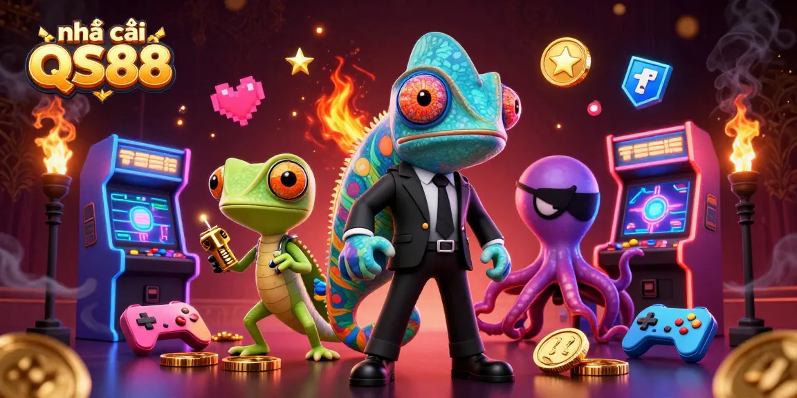 Engage with the exciting world of nhà cái QS88 featuring vibrant gaming characters and arcade elements.